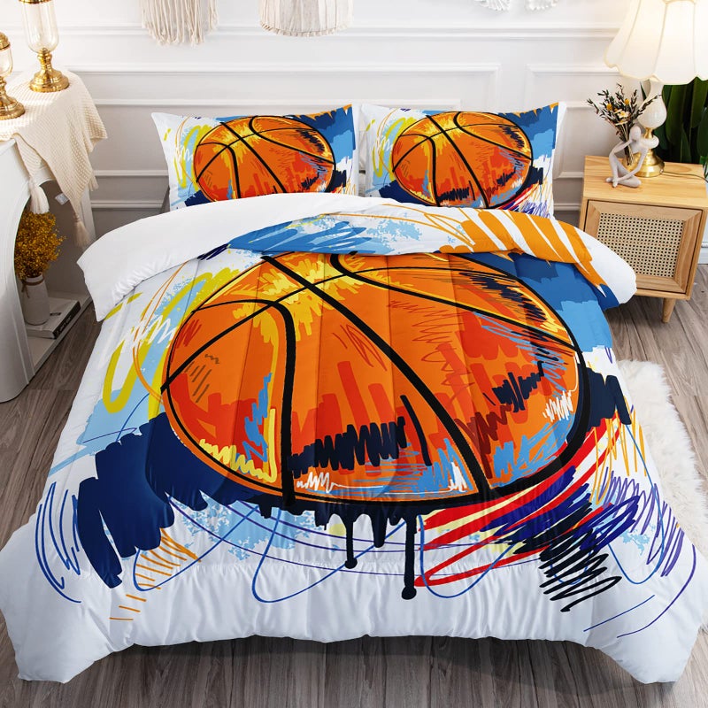 BSNTHO Basketball Comforter Set Boys Sports Bedding Set Queen Size for Kids Teens Hand Drawn Graffiti Style Comforter Design 3 Piece with 1 Comforter 2 Pillowcases - Image 1